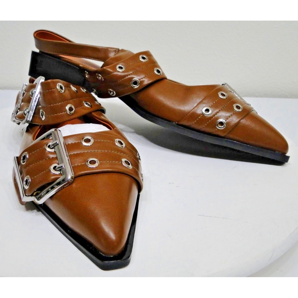 Chunky Buckle Slingback Ballerina Heel Brown Patent Leather Shoes Size 11 - Picture 2 of 13